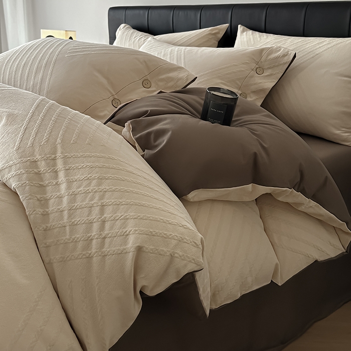 91家纺网 家纺一手货源 找家纺 咏绒家纺工厂店 2025新款色织提花双层纱全棉四件套-如梦-浮岚 浮岚-燕麦