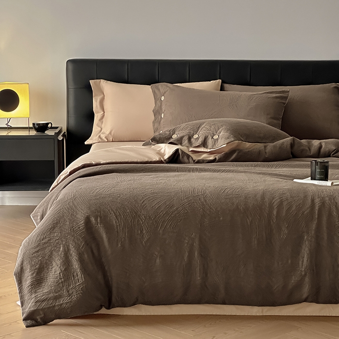 91家纺网 家纺一手货源 找家纺 咏绒家纺工厂店 2025新款色织提花双层纱全棉四件套-如梦-浮岚 如梦-卡其灰