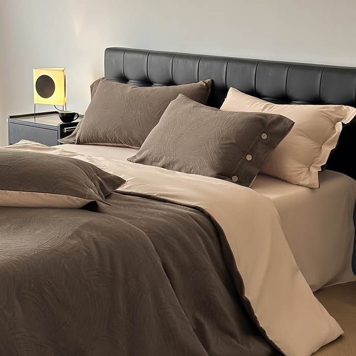 91家纺网 家纺一手货源 找家纺 咏绒家纺工厂店 2025新款色织提花双层纱全棉四件套-如梦-浮岚 如梦-卡其灰