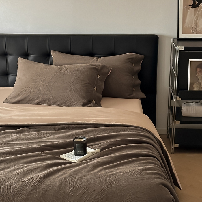 91家纺网 家纺一手货源 找家纺 咏绒家纺工厂店 2025新款色织提花双层纱全棉四件套-如梦-浮岚 如梦-卡其灰