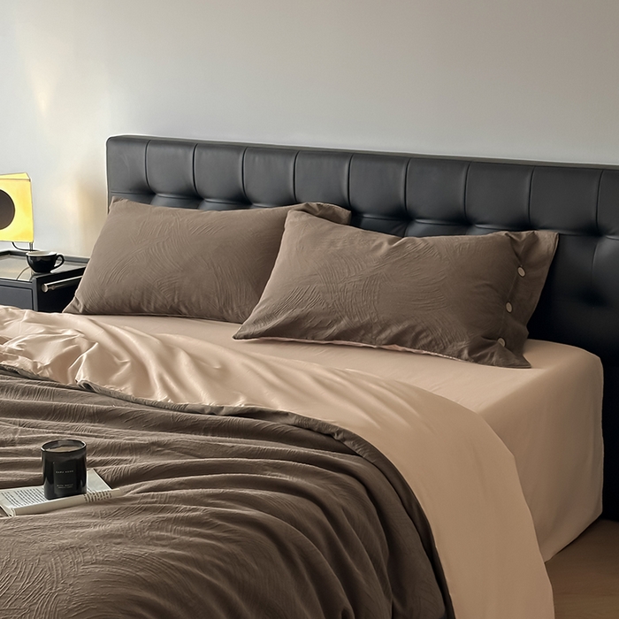 91家纺网 家纺一手货源 找家纺 咏绒家纺工厂店 2025新款色织提花双层纱全棉四件套-如梦-浮岚 如梦-卡其灰