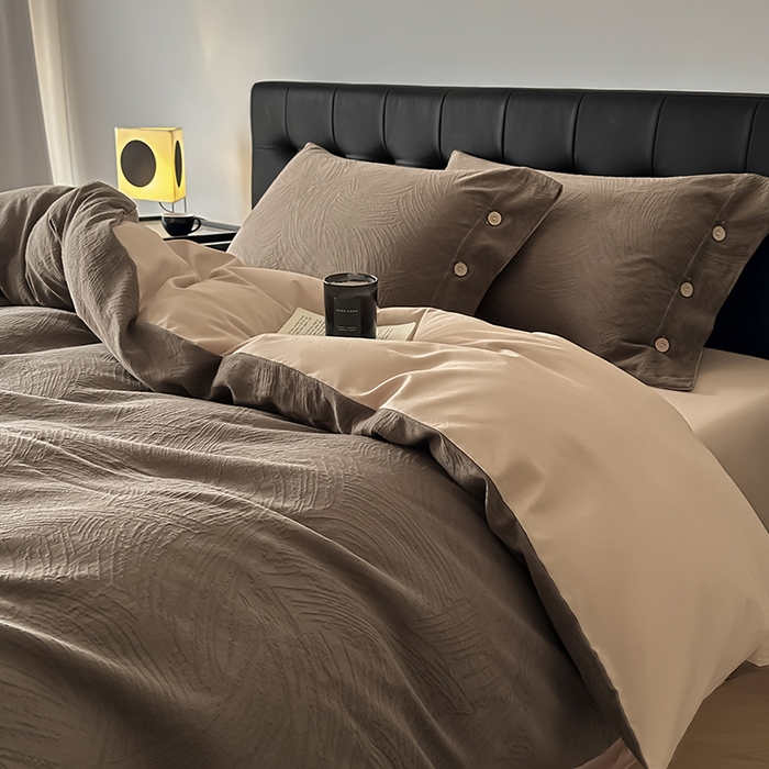 91家纺网 家纺一手货源 找家纺 咏绒家纺工厂店 2025新款色织提花双层纱全棉四件套-如梦-浮岚 如梦-卡其灰