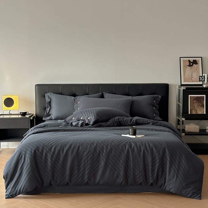 91家纺网 家纺一手货源 找家纺 咏绒家纺工厂店 2025新款色织提花双层纱全棉四件套-如梦-浮岚 浮岚-古典灰