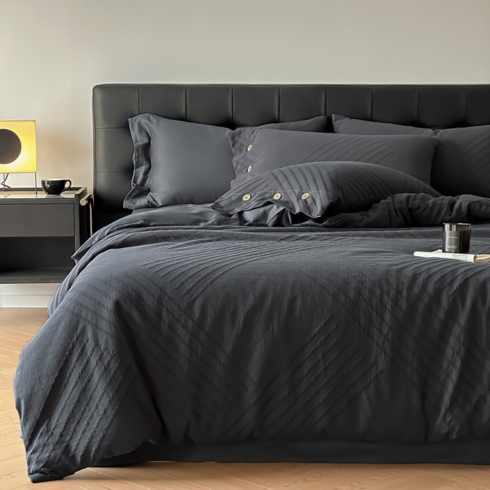 91家纺网 家纺一手货源 找家纺 咏绒家纺工厂店 2025新款色织提花双层纱全棉四件套-如梦-浮岚 浮岚-古典灰