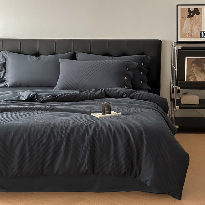 91家纺网 家纺一手货源 找家纺 咏绒家纺工厂店 2025新款色织提花双层纱全棉四件套-如梦-浮岚 浮岚-古典灰