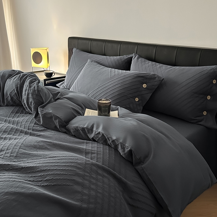 91家纺网 家纺一手货源 找家纺 咏绒家纺工厂店 2025新款色织提花双层纱全棉四件套-如梦-浮岚 浮岚-古典灰