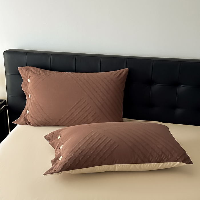 91家纺网 家纺一手货源 找家纺 咏绒家纺工厂店 2025新款色织提花双层纱全棉四件套-如梦-浮岚 浮岚-红棕