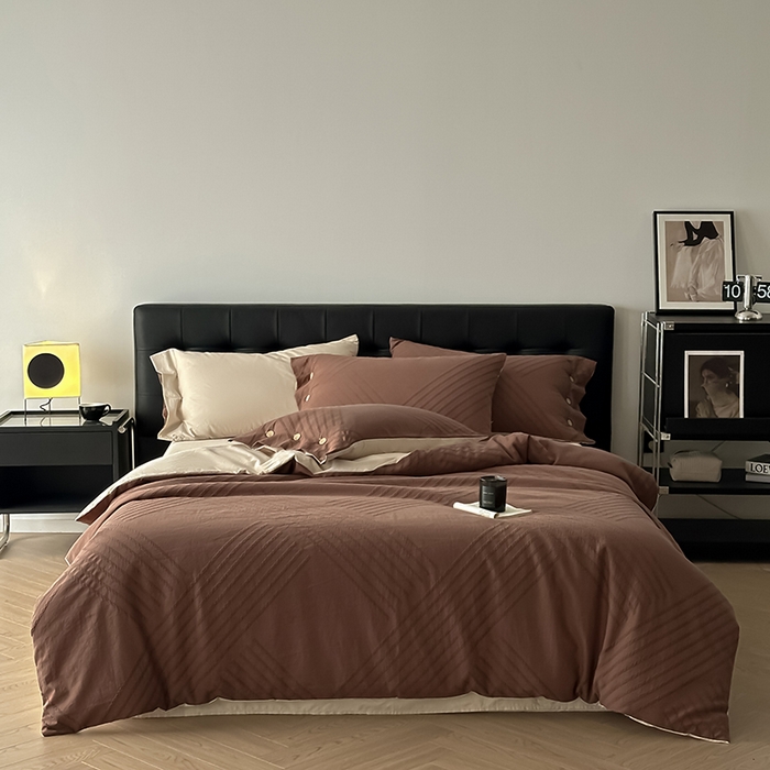 91家纺网 家纺一手货源 找家纺 咏绒家纺工厂店 2025新款色织提花双层纱全棉四件套-如梦-浮岚 浮岚-红棕