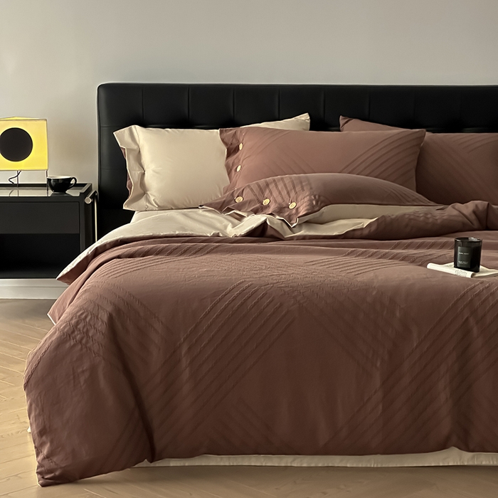 91家纺网 家纺一手货源 找家纺 咏绒家纺工厂店 2025新款色织提花双层纱全棉四件套-如梦-浮岚 浮岚-红棕