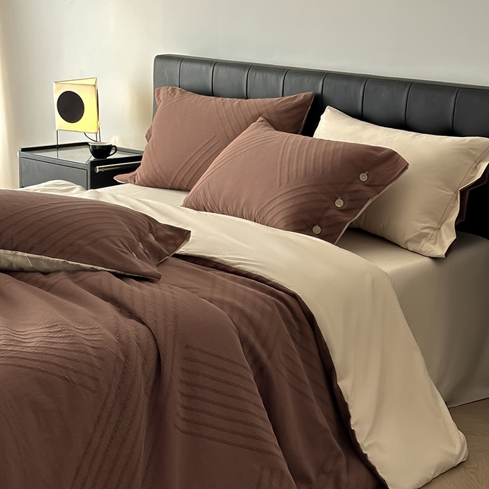 91家纺网 家纺一手货源 找家纺 咏绒家纺工厂店 2025新款色织提花双层纱全棉四件套-如梦-浮岚 浮岚-红棕