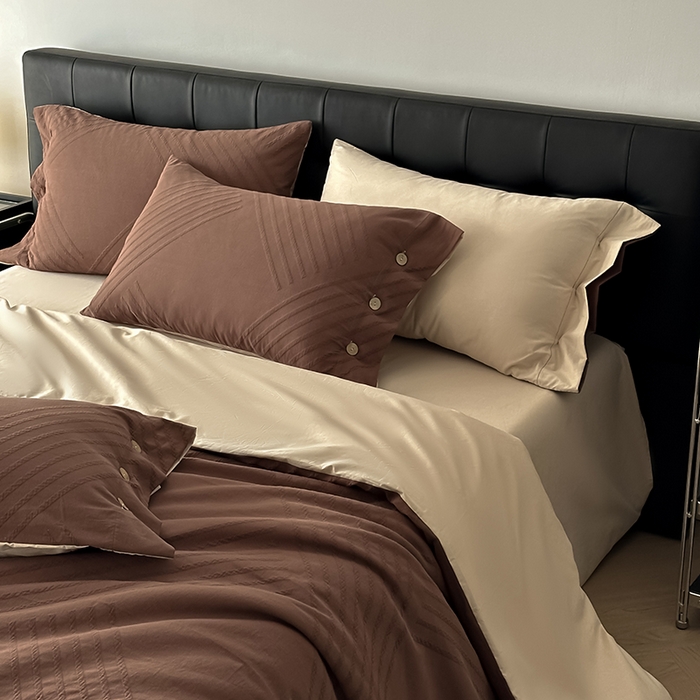 91家纺网 家纺一手货源 找家纺 咏绒家纺工厂店 2025新款色织提花双层纱全棉四件套-如梦-浮岚 浮岚-红棕