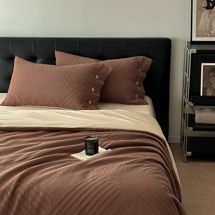 91家纺网 家纺一手货源 找家纺 咏绒家纺工厂店 2025新款色织提花双层纱全棉四件套-如梦-浮岚 浮岚-红棕