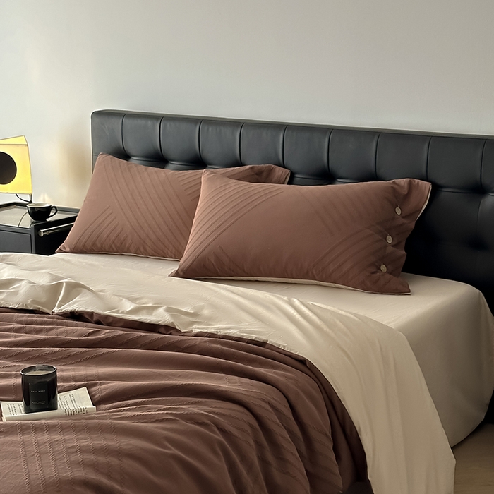 91家纺网 家纺一手货源 找家纺 咏绒家纺工厂店 2025新款色织提花双层纱全棉四件套-如梦-浮岚 浮岚-红棕