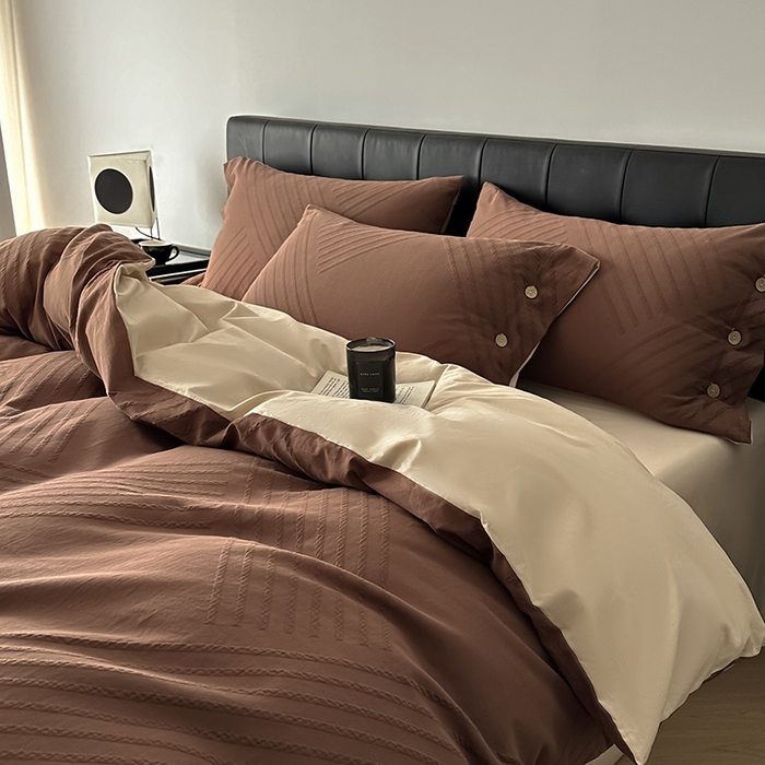 91家纺网 家纺一手货源 找家纺 咏绒家纺工厂店 2025新款色织提花双层纱全棉四件套-如梦-浮岚 浮岚-红棕