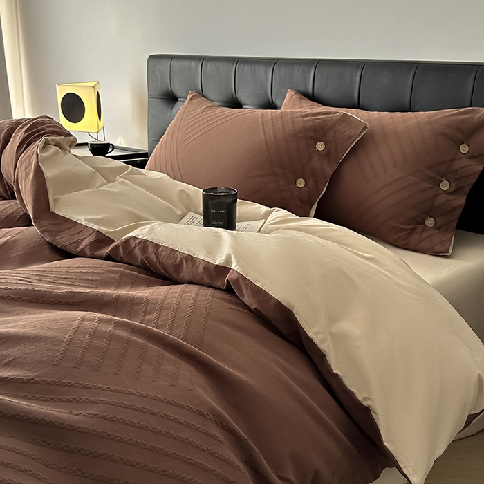 91家纺网 家纺一手货源 找家纺 咏绒家纺工厂店 2025新款色织提花双层纱全棉四件套-如梦-浮岚 浮岚-红棕