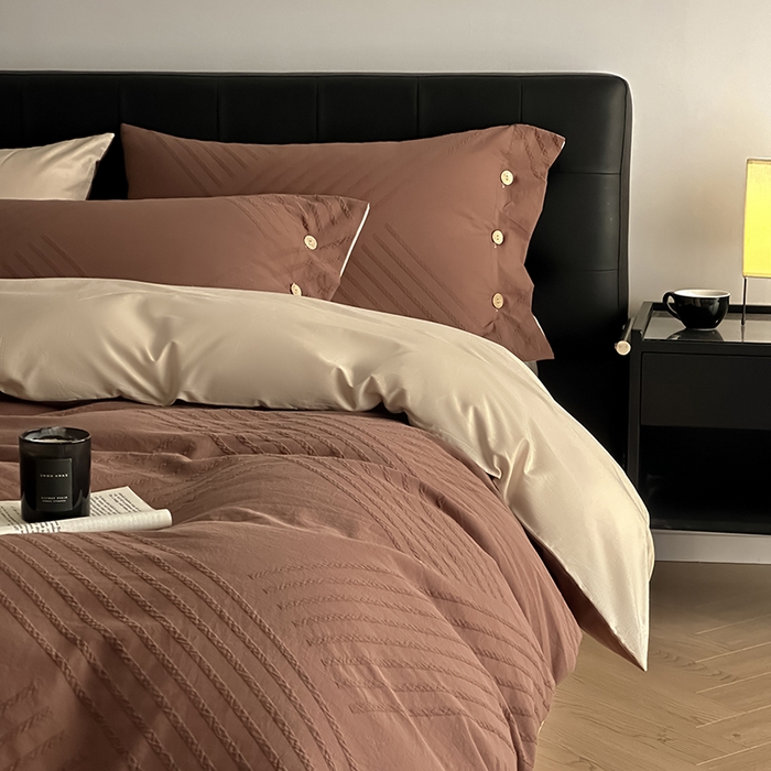 91家纺网 家纺一手货源 找家纺 咏绒家纺工厂店 2025新款色织提花双层纱全棉四件套-如梦-浮岚 浮岚-红棕