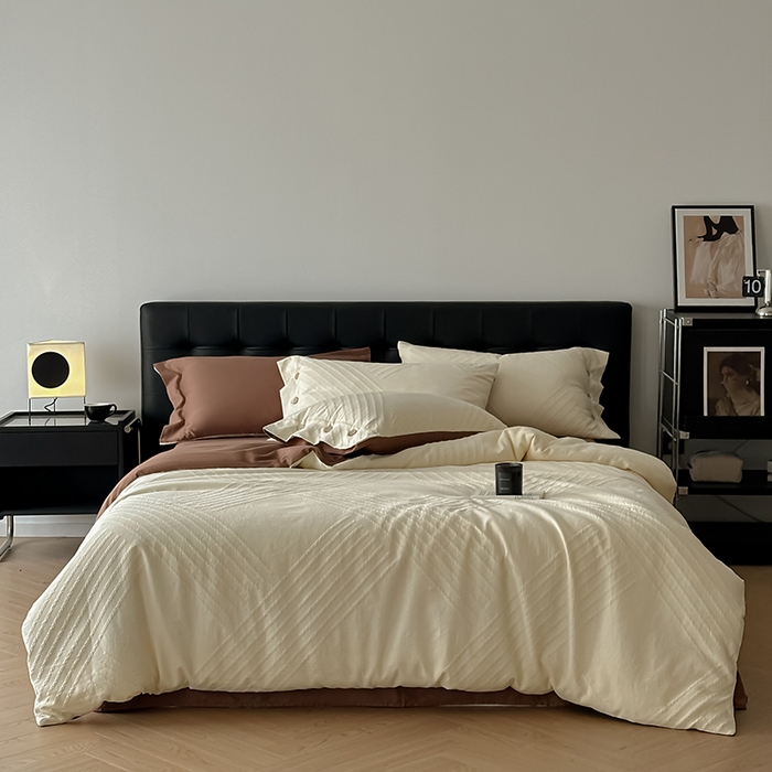 91家纺网 家纺一手货源 找家纺 咏绒家纺工厂店 2025新款色织提花双层纱全棉四件套-如梦-浮岚 浮岚-奶昔白