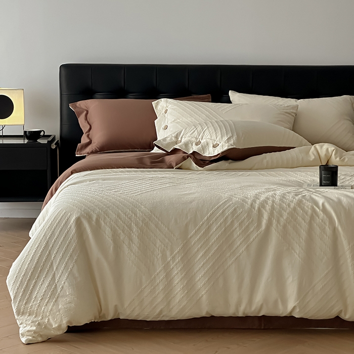 91家纺网 家纺一手货源 找家纺 咏绒家纺工厂店 2025新款色织提花双层纱全棉四件套-如梦-浮岚 浮岚-奶昔白