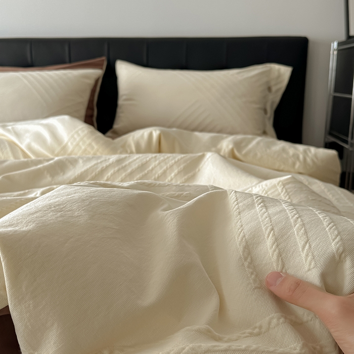 91家纺网 家纺一手货源 找家纺 咏绒家纺工厂店 2025新款色织提花双层纱全棉四件套-如梦-浮岚 浮岚-奶昔白