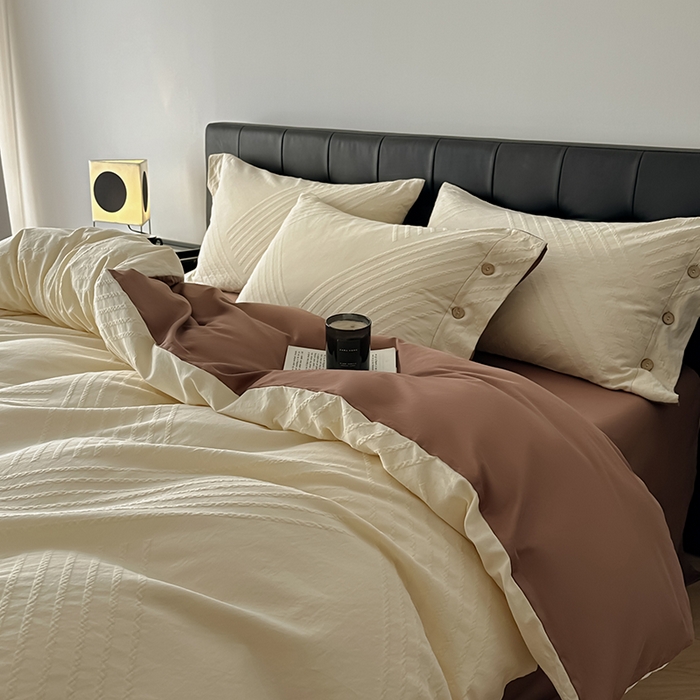 91家纺网 家纺一手货源 找家纺 咏绒家纺工厂店 2025新款色织提花双层纱全棉四件套-如梦-浮岚 浮岚-奶昔白