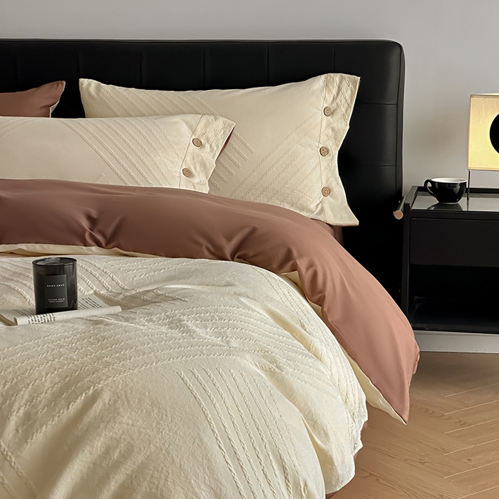 91家纺网 家纺一手货源 找家纺 咏绒家纺工厂店 2025新款色织提花双层纱全棉四件套-如梦-浮岚 浮岚-奶昔白