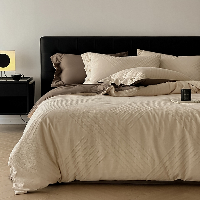 91家纺网 家纺一手货源 找家纺 咏绒家纺工厂店 2025新款色织提花双层纱全棉四件套-如梦-浮岚 浮岚-燕麦