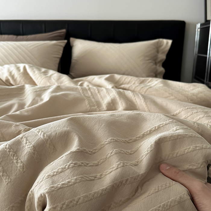 91家纺网 家纺一手货源 找家纺 咏绒家纺工厂店 2025新款色织提花双层纱全棉四件套-如梦-浮岚 浮岚-燕麦