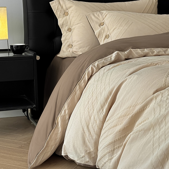 91家纺网 家纺一手货源 找家纺 咏绒家纺工厂店 2025新款色织提花双层纱全棉四件套-如梦-浮岚 浮岚-燕麦