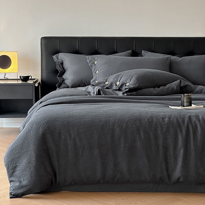 91家纺网 家纺一手货源 找家纺 咏绒家纺工厂店 2025新款色织提花双层纱全棉四件套-如梦-浮岚 如梦-古典灰