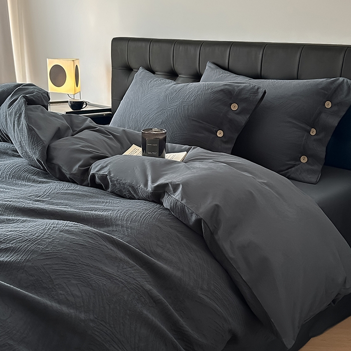 91家纺网 家纺一手货源 找家纺 咏绒家纺工厂店 2025新款色织提花双层纱全棉四件套-如梦-浮岚 如梦-古典灰