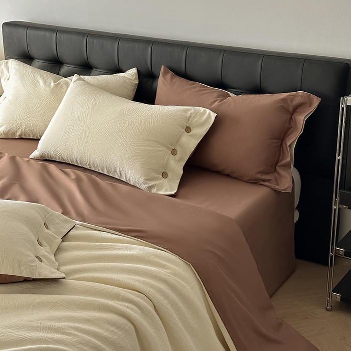 91家纺网 家纺一手货源 找家纺 咏绒家纺工厂店 2025新款色织提花双层纱全棉四件套-如梦-浮岚 如梦-奶昔白