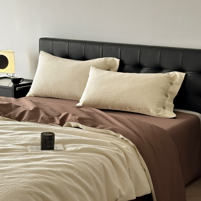 91家纺网 家纺一手货源 找家纺 咏绒家纺工厂店 2025新款色织提花双层纱全棉四件套-如梦-浮岚 如梦-奶昔白