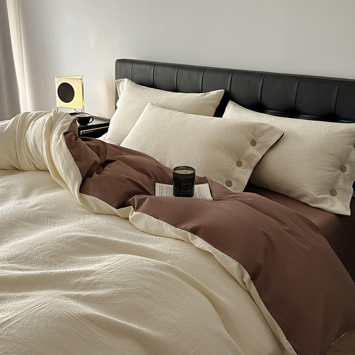 91家纺网 家纺一手货源 找家纺 咏绒家纺工厂店 2025新款色织提花双层纱全棉四件套-如梦-浮岚 如梦-奶昔白