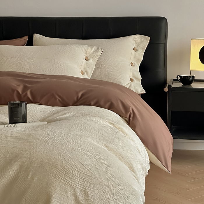 91家纺网 家纺一手货源 找家纺 咏绒家纺工厂店 2025新款色织提花双层纱全棉四件套-如梦-浮岚 如梦-奶昔白