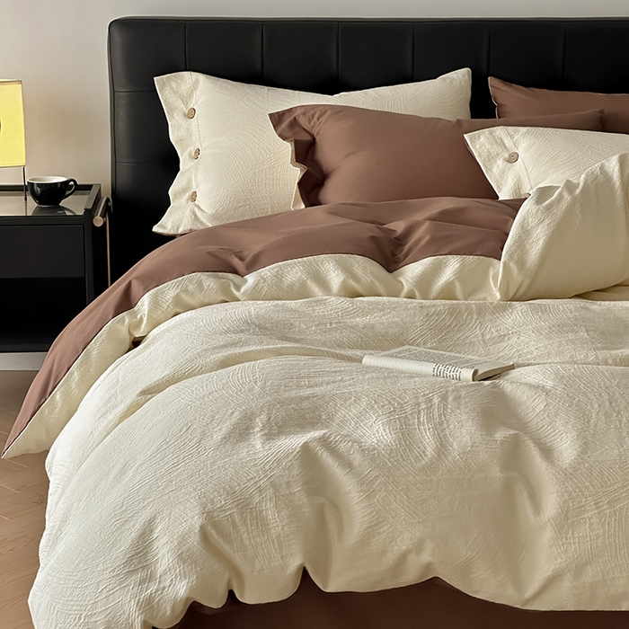 91家纺网 家纺一手货源 找家纺 咏绒家纺工厂店 2025新款色织提花双层纱全棉四件套-如梦-浮岚 如梦-奶昔白