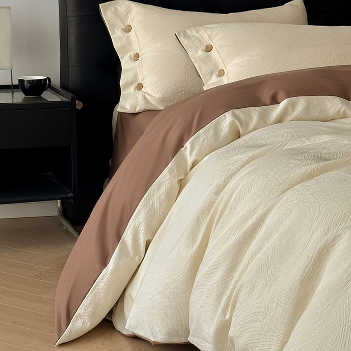 91家纺网 家纺一手货源 找家纺 咏绒家纺工厂店 2025新款色织提花双层纱全棉四件套-如梦-浮岚 如梦-奶昔白