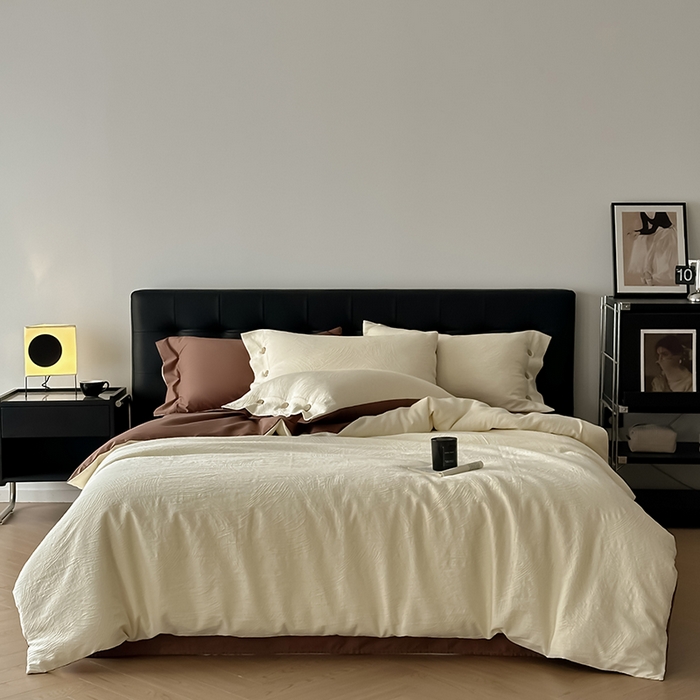 91家纺网 家纺一手货源 找家纺 咏绒家纺工厂店 2025新款色织提花双层纱全棉四件套-如梦-浮岚 如梦-奶昔白