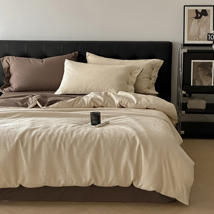 91家纺网 家纺一手货源 找家纺 咏绒家纺工厂店 2025新款色织提花双层纱全棉四件套-如梦-浮岚 如梦-燕麦