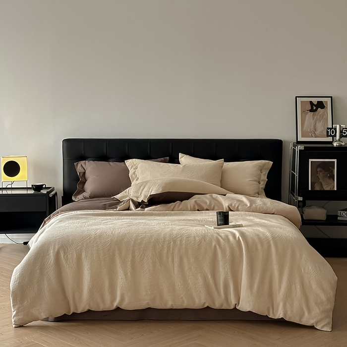 91家纺网 家纺一手货源 找家纺 咏绒家纺工厂店 2025新款色织提花双层纱全棉四件套-如梦-浮岚 如梦-燕麦