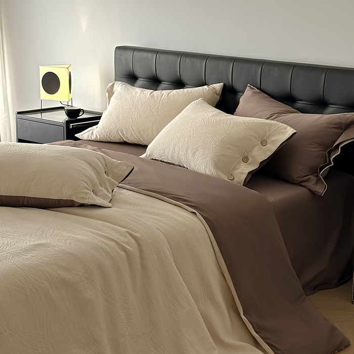 91家纺网 家纺一手货源 找家纺 咏绒家纺工厂店 2025新款色织提花双层纱全棉四件套-如梦-浮岚 如梦-燕麦