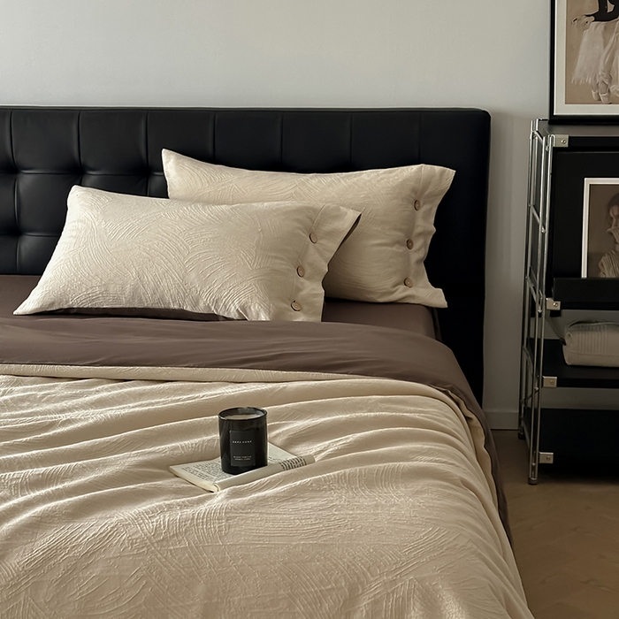 91家纺网 家纺一手货源 找家纺 咏绒家纺工厂店 2025新款色织提花双层纱全棉四件套-如梦-浮岚 如梦-燕麦