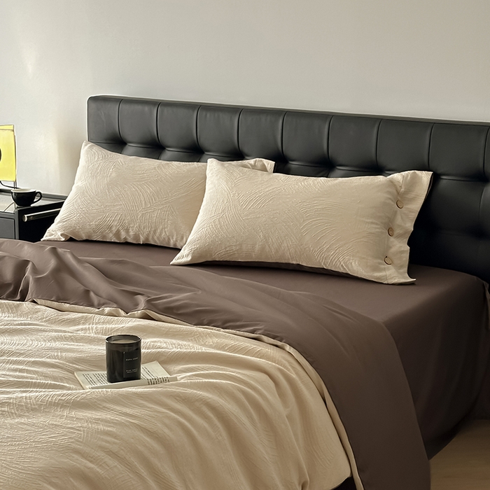 91家纺网 家纺一手货源 找家纺 咏绒家纺工厂店 2025新款色织提花双层纱全棉四件套-如梦-浮岚 如梦-燕麦