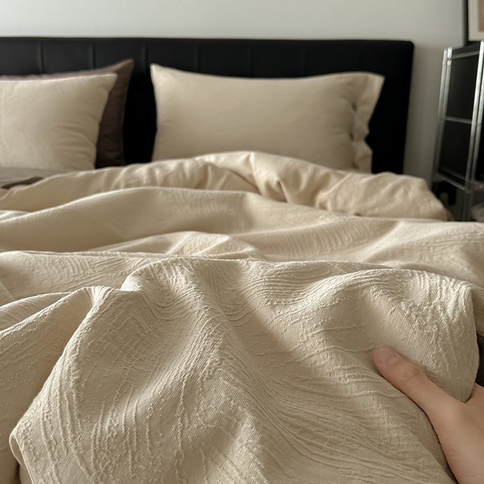 91家纺网 家纺一手货源 找家纺 咏绒家纺工厂店 2025新款色织提花双层纱全棉四件套-如梦-浮岚 如梦-燕麦