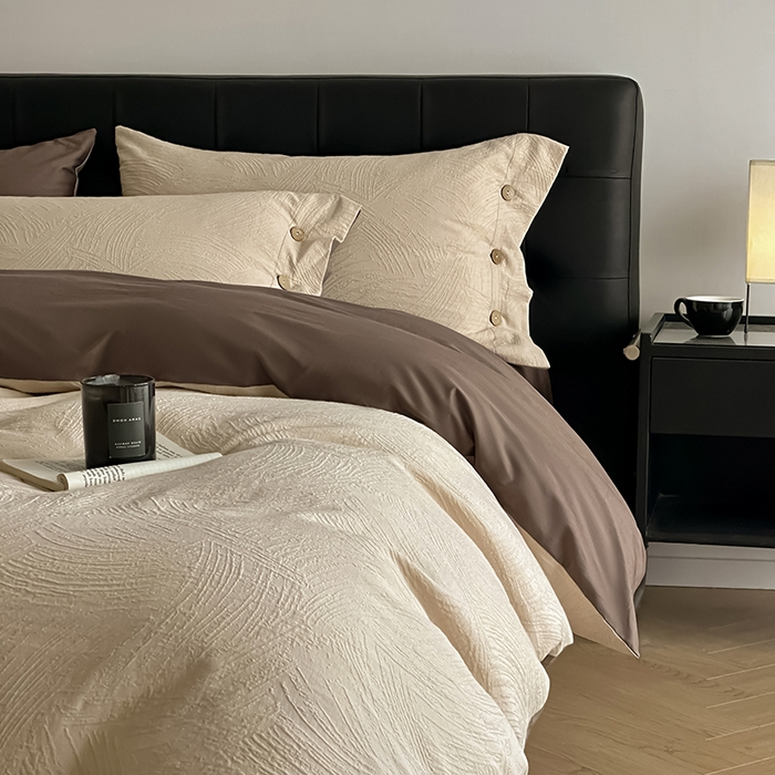 91家纺网 家纺一手货源 找家纺 咏绒家纺工厂店 2025新款色织提花双层纱全棉四件套-如梦-浮岚 如梦-燕麦