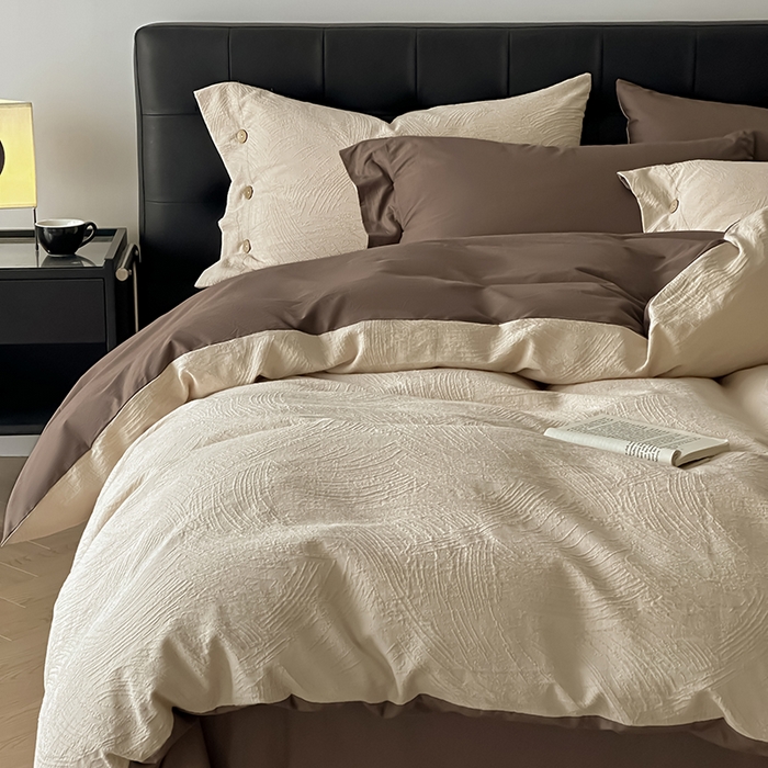 91家纺网 家纺一手货源 找家纺 咏绒家纺工厂店 2025新款色织提花双层纱全棉四件套-如梦-浮岚 如梦-燕麦