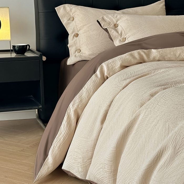 91家纺网 家纺一手货源 找家纺 咏绒家纺工厂店 2025新款色织提花双层纱全棉四件套-如梦-浮岚 如梦-燕麦