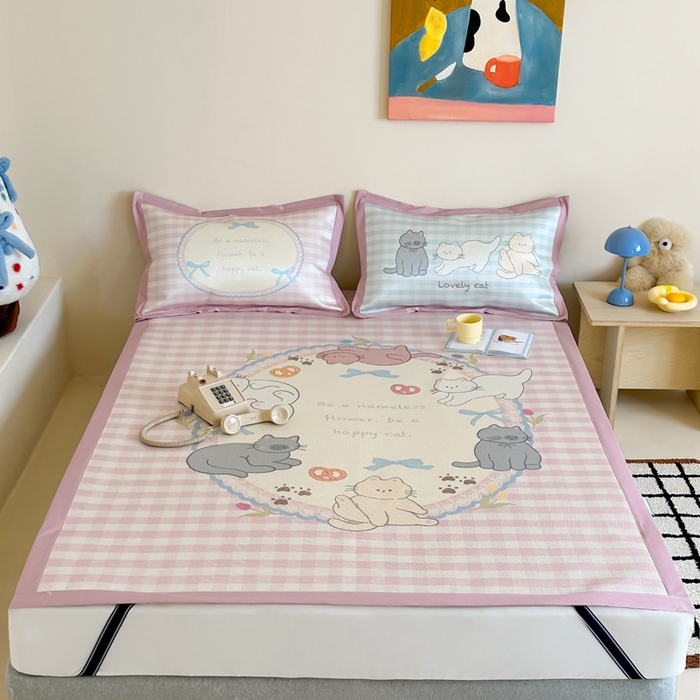 91家纺网 家纺一手货源 找家纺 觅糖家纺2025新款韩系数码卡通印花冰藤席 冰藤席-猫猫乐园