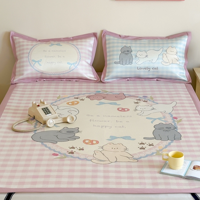 91家纺网 家纺一手货源 找家纺 觅糖家纺2025新款韩系数码卡通印花冰藤席 冰藤席-猫猫乐园