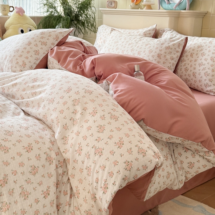 91家纺网 家纺一手货源 找家纺 可可家纺 2025新款亲肤有氧提花小竺棉四件套 粉佳人