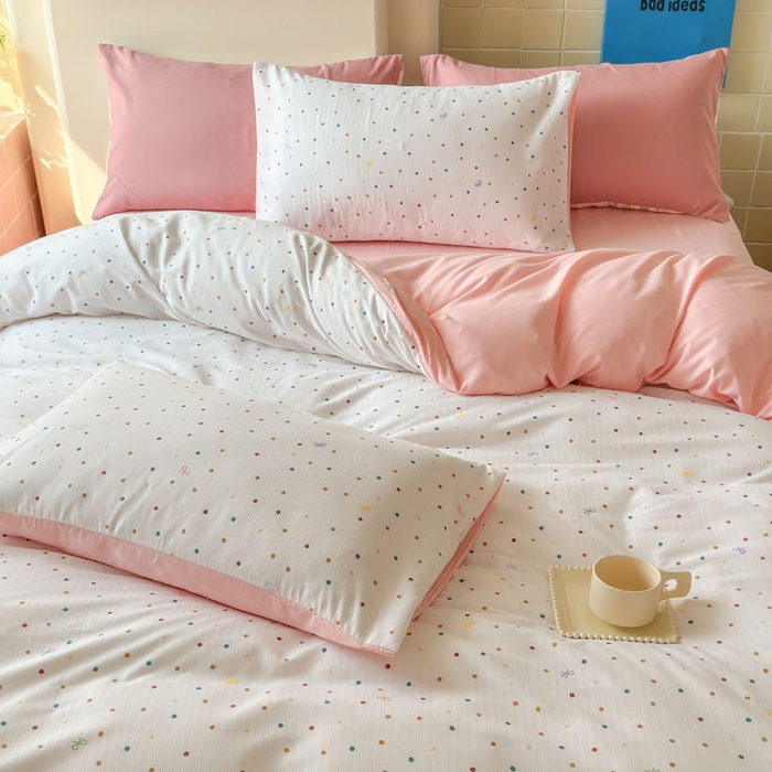 91家纺网 家纺一手货源 找家纺 可可家纺 2025新款亲肤有氧提花小竺棉四件套 彩色波点